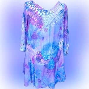 NWT. Creations. Vibrant, semi-sheer dress or cover-up with crochet detailing.